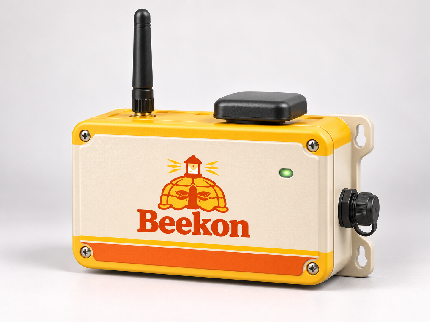 Beekon swarm-trap sensor with a yellow and cream enclosure, antenna, and green status light