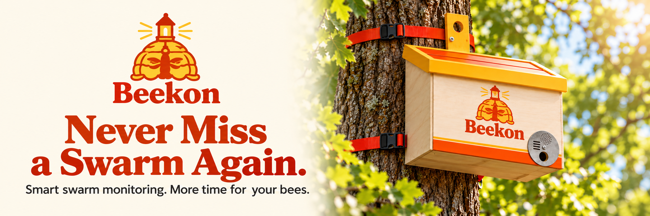 Beekon: Never Miss a Swarm Again. Smart swarm monitoring. More time for your bees. A Beekon swarm trap mounted on a tree.